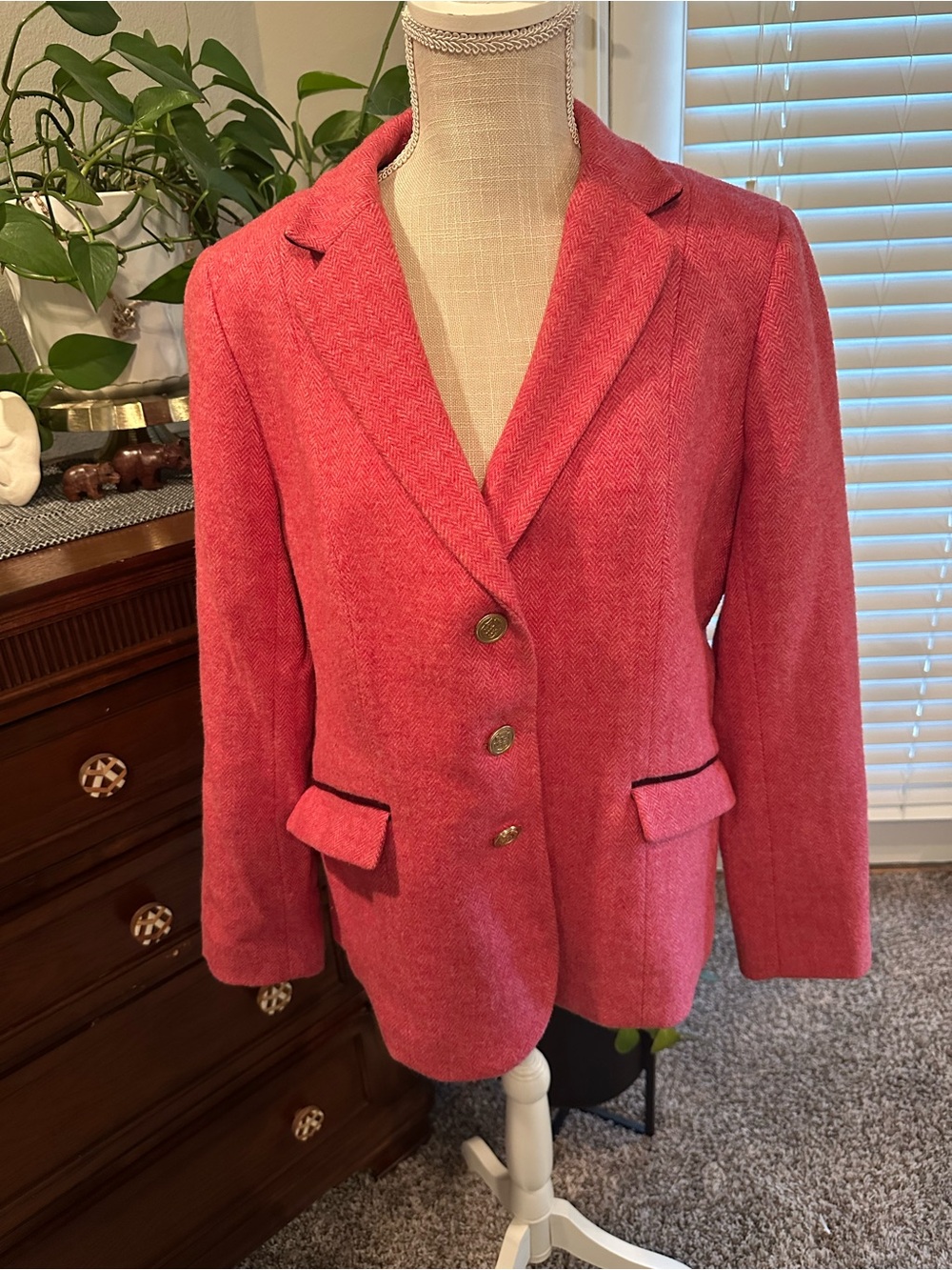Talbots Red Herringbone Wool-Blend Single-Breasted Blazer